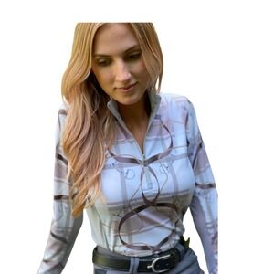 Arista Equestrian Womens Quarter Zip Sun Shirt Long Sleeve Bridle Print White
